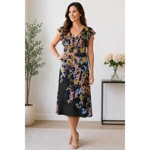 Maggy London Garden Floral Romantic Flutter V-Neck Elegant Sheath Midi Dress